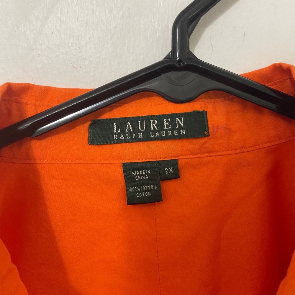 Lauren Ralph Lauren Orange Cotton Button Shirt Women 2X 3/4 Sleeve Monogram READ - Picture 2 of 7